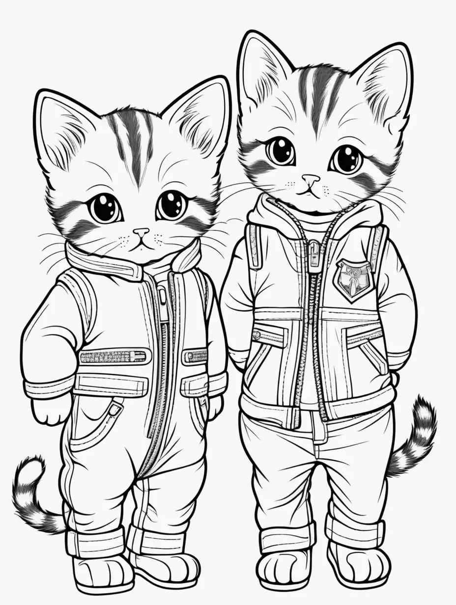 line drawing of cute kittens dressed in McQueen for a simple children's coloring book