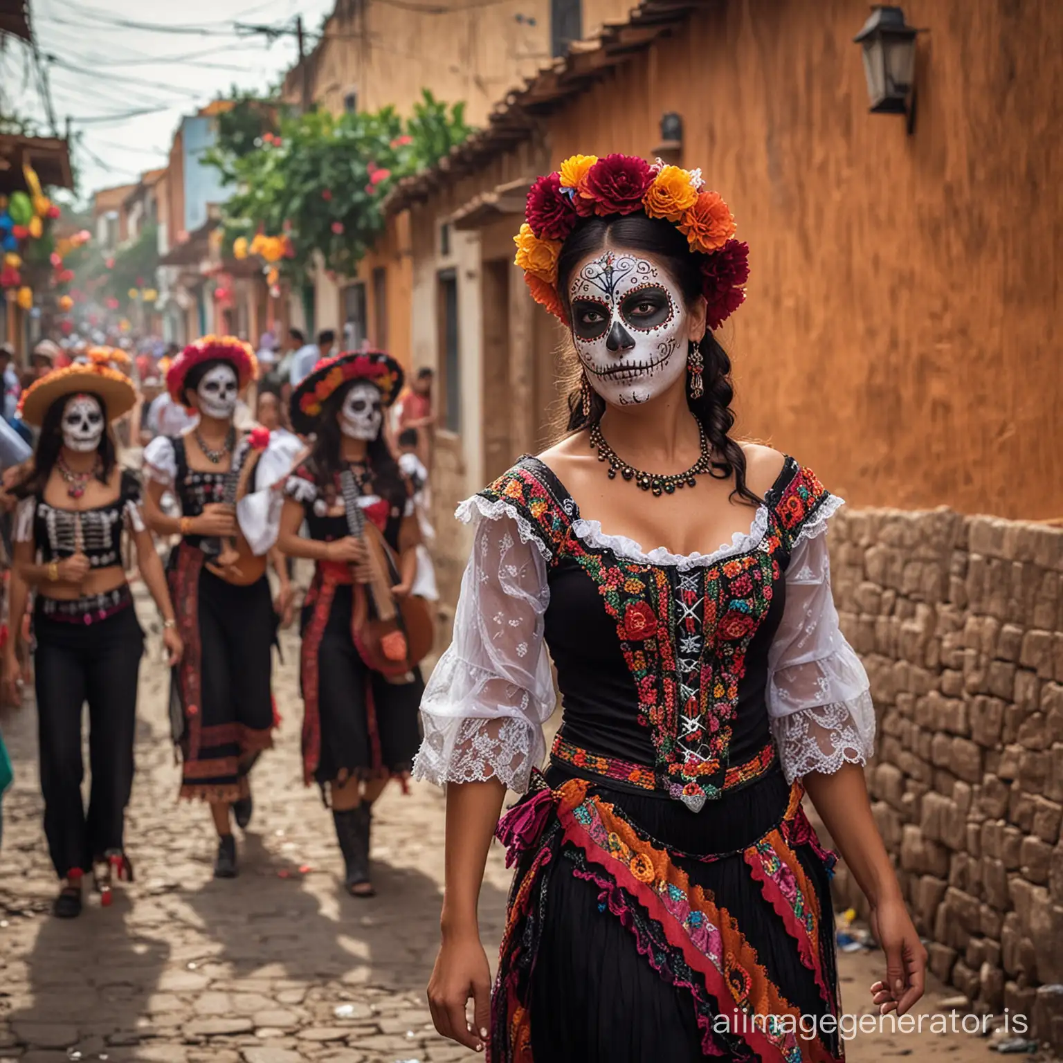 the day of the dead in an alley of a village in Mexico, dynamic and very colorful photo, festive atmosphere, music and sexy women, musicians, batucada, lots of people, very dynamic professional quality photo, batucada