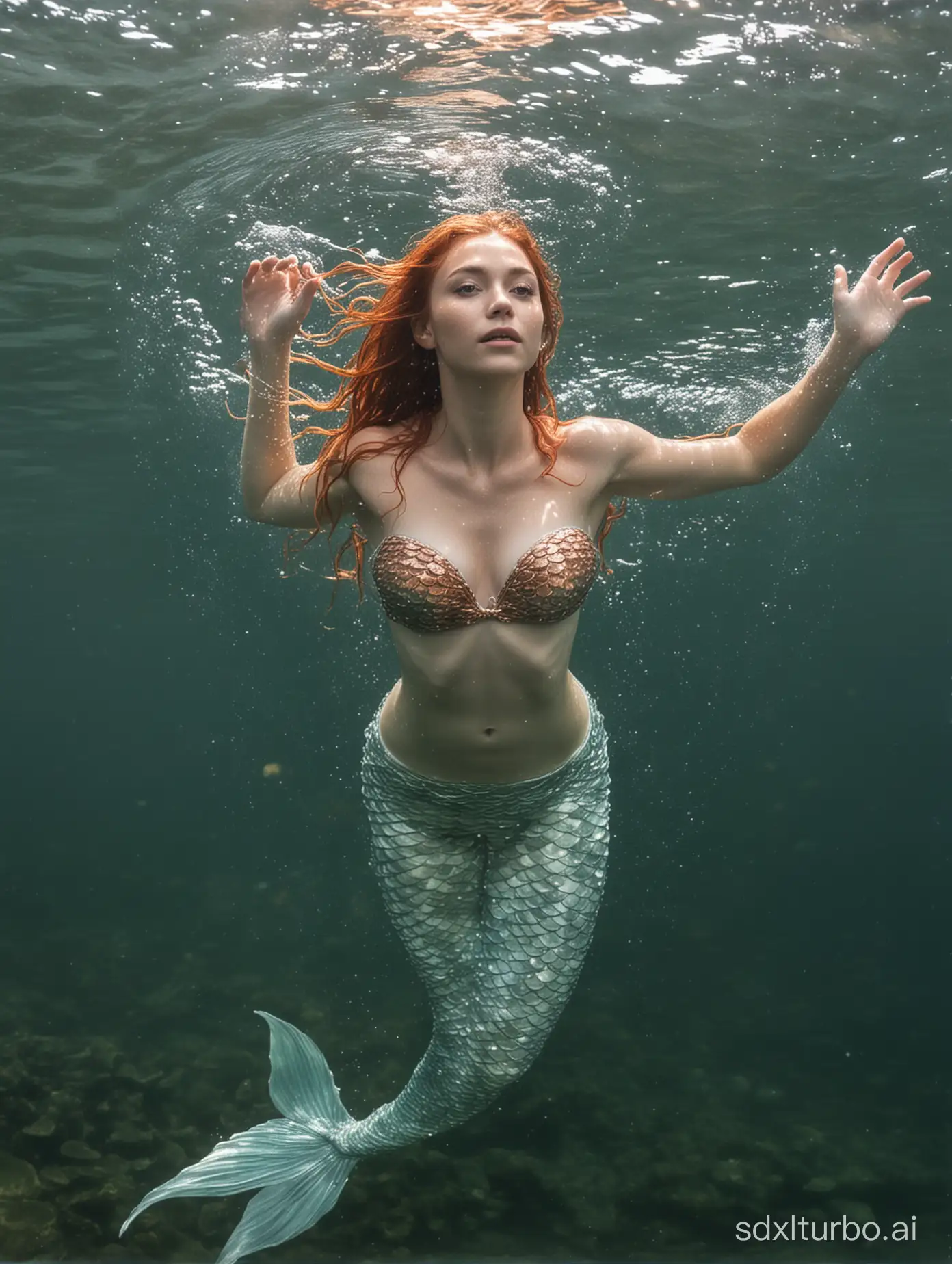 A natural mermaid emerges half in the water
