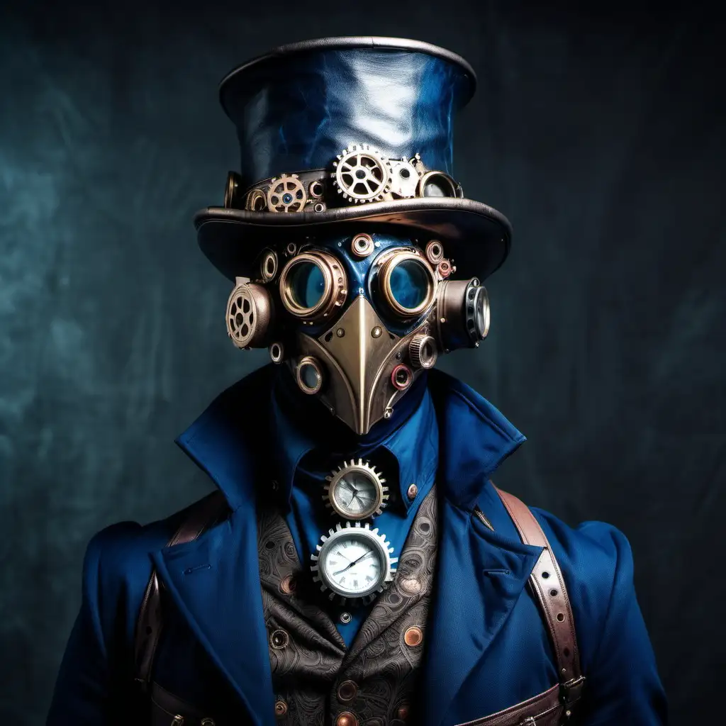 steampunk man head and shoulders with dark blue jacket and strange interesting accessories. Do not cover eyes. Add hat. No face