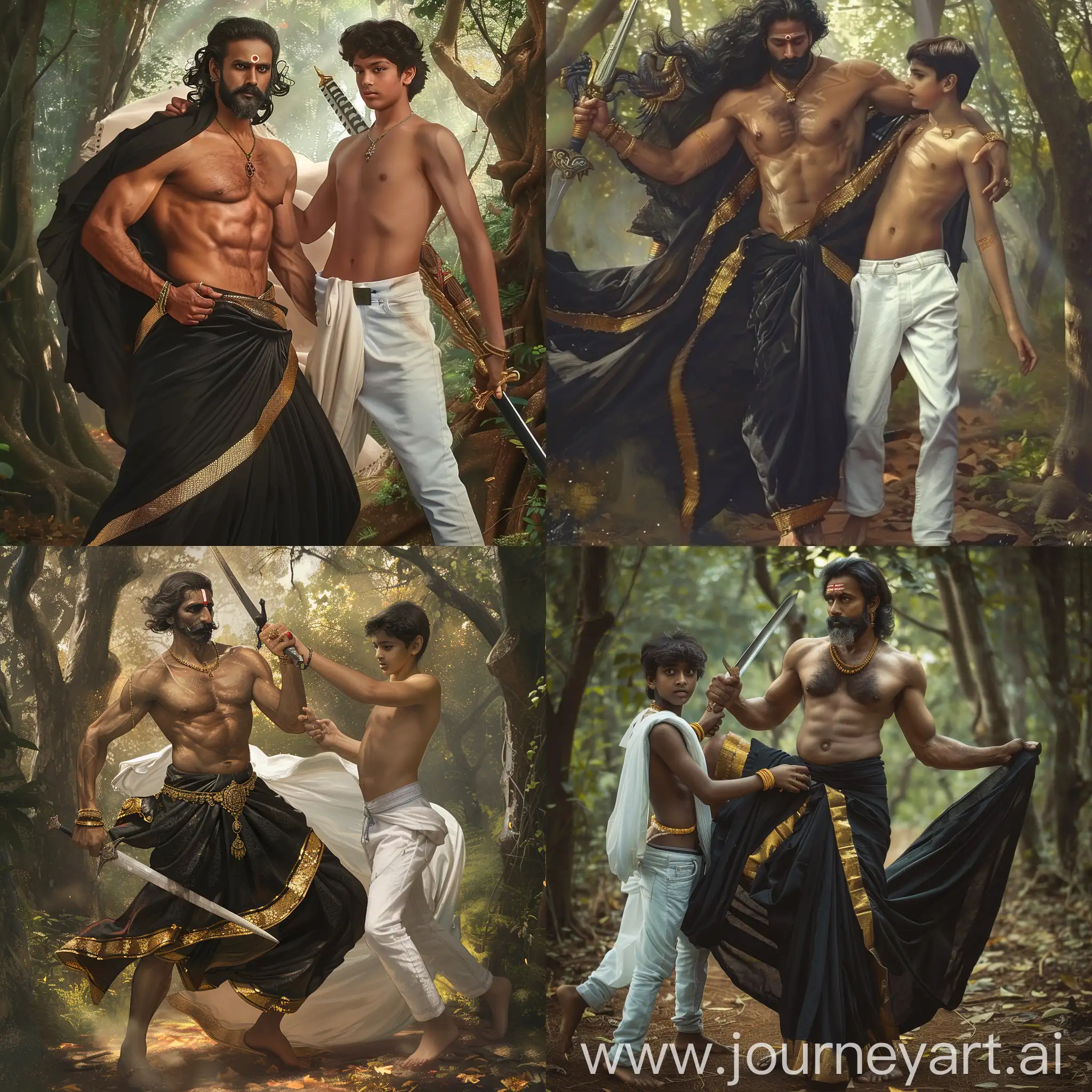 Ancient handome South Indian man, he is very masculine, wearing only a body hugging black dhothi with golder boarder, he have long her, upper body part is completely bare, he has beared and mustace, he has sword in one hand, and he is affectinately holding a young man who is wearing white pants  and  shirt looking modern 25 year old, they are in a forest, dress is flowing in wind. Younger boy wearing a modern denim pant, elder man wearing a traditional dhothi, 