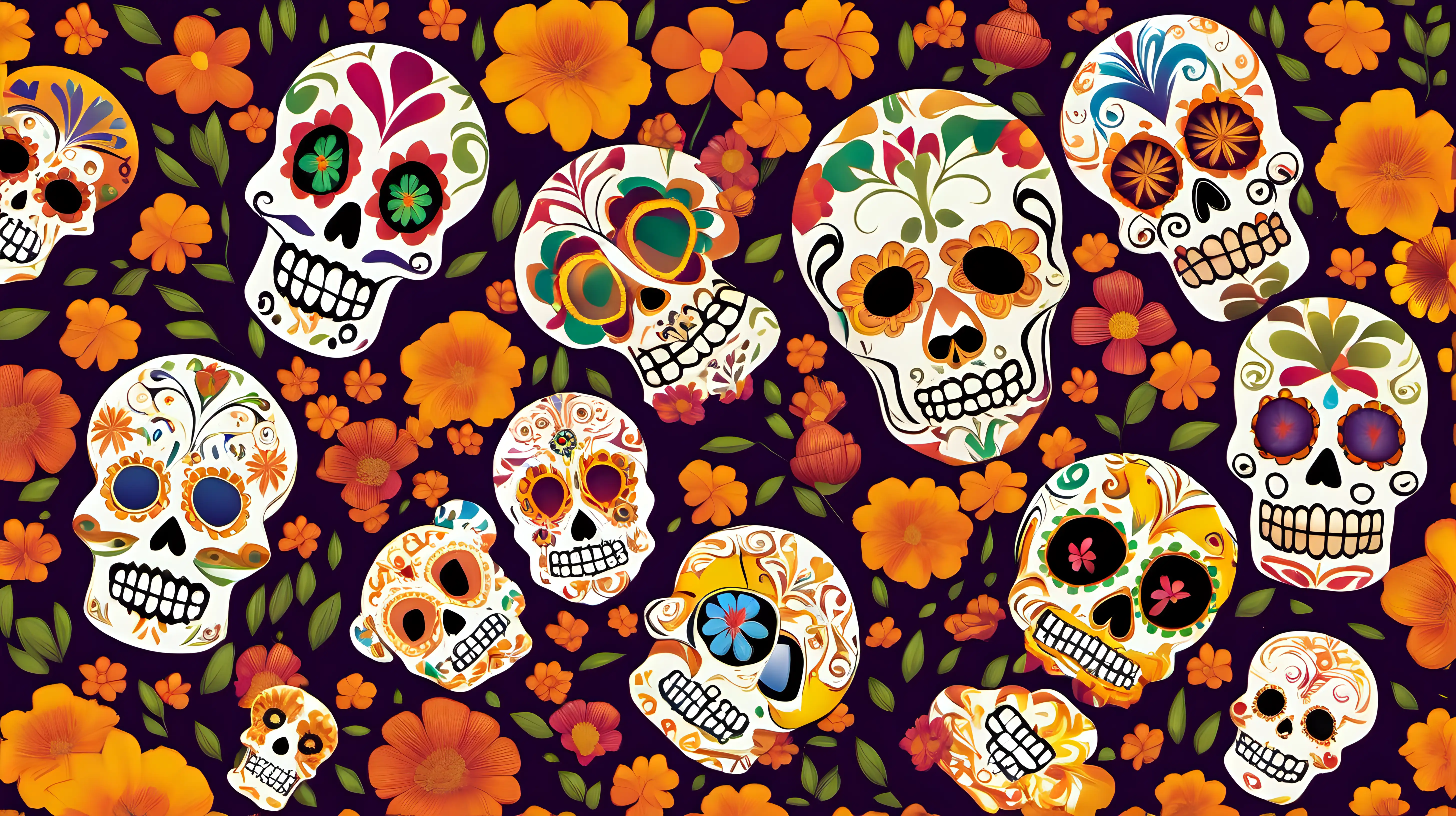 "Generate an image of a Dia de los Muertos (Day of the Dead) celebration, with beautifully decorated sugar skulls, marigolds, and families honoring their ancestors."