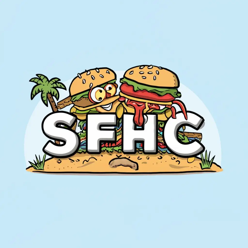 logo, crazy cartoon sandwich beach, with the text "SFHC", typography
