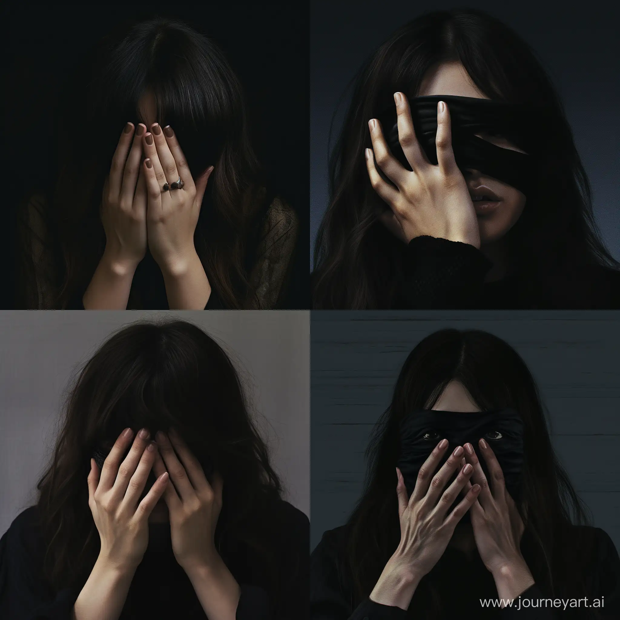 an album art type image of a woman covering her eyes with her hand wearing a black ring and long hair