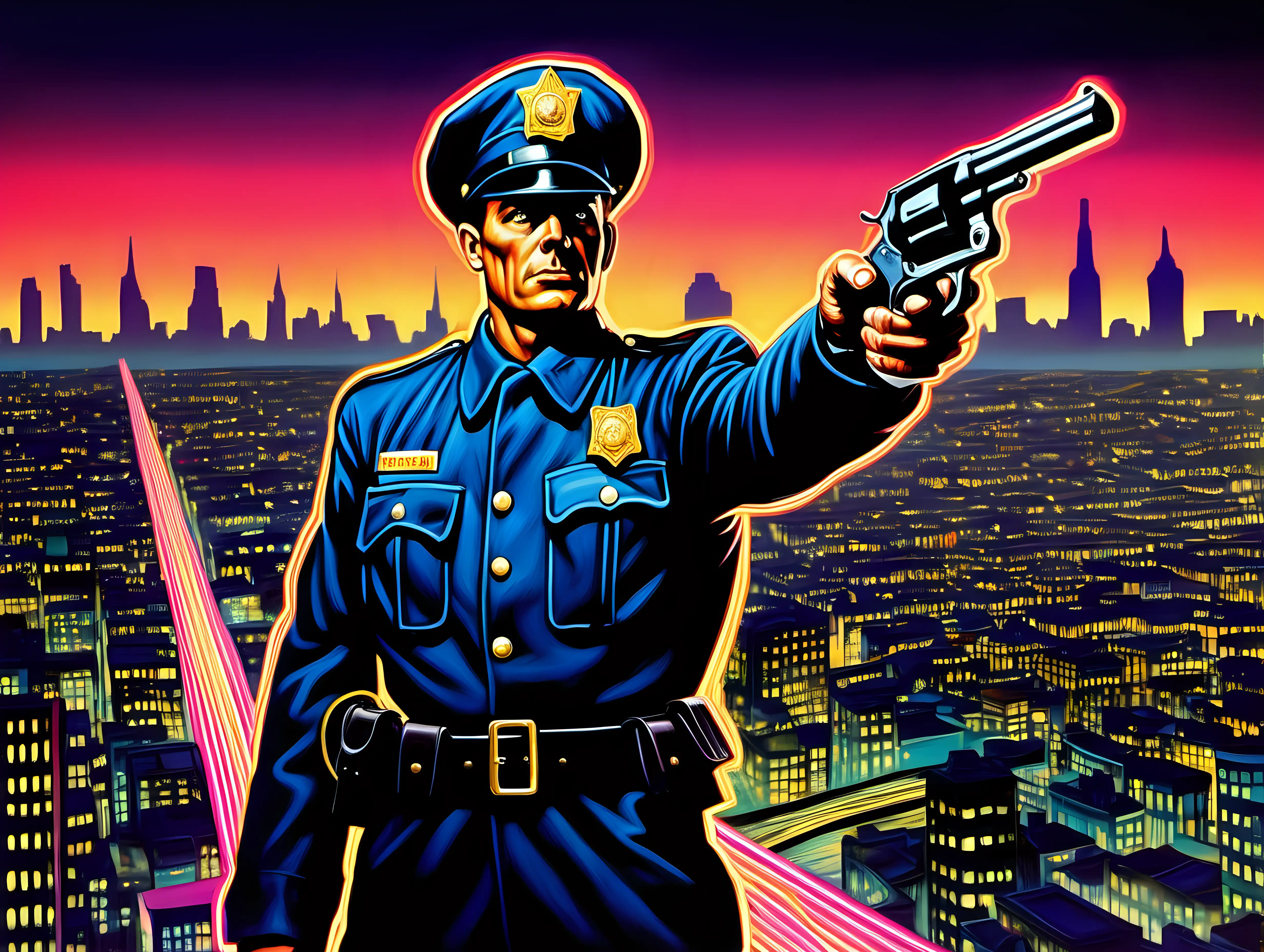 A painting of a 1940's-era policeman from the waist up holding a revolver, standing above a distant neon city at twilight. Light trails, bright neon colors, dramatic lighting, highly realistic, Pop-Art, Art Nouveau.