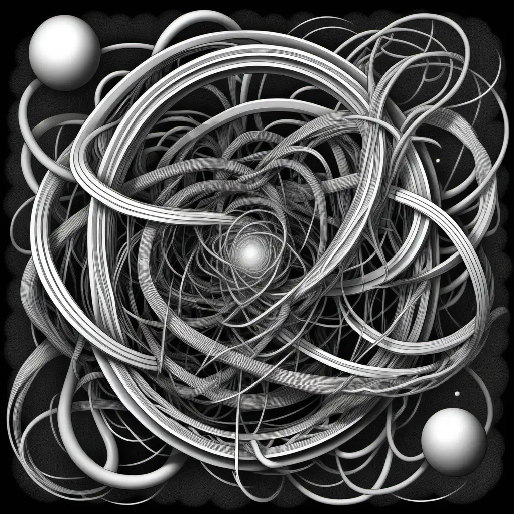 black and white colorbook style: surrealistic image of the idea of entanglement in quantum physics