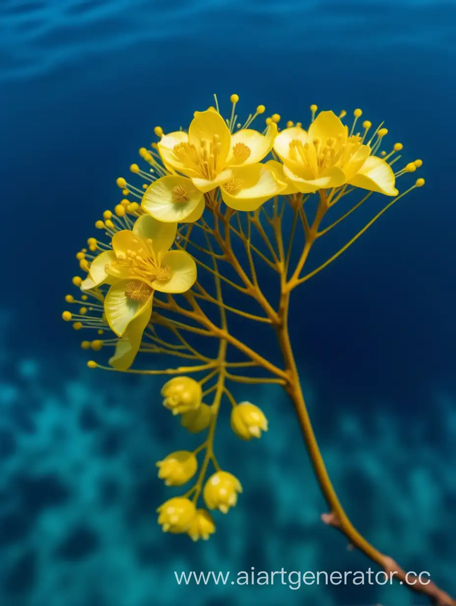 Acacia yellow flower close up 8k laying  in blue water