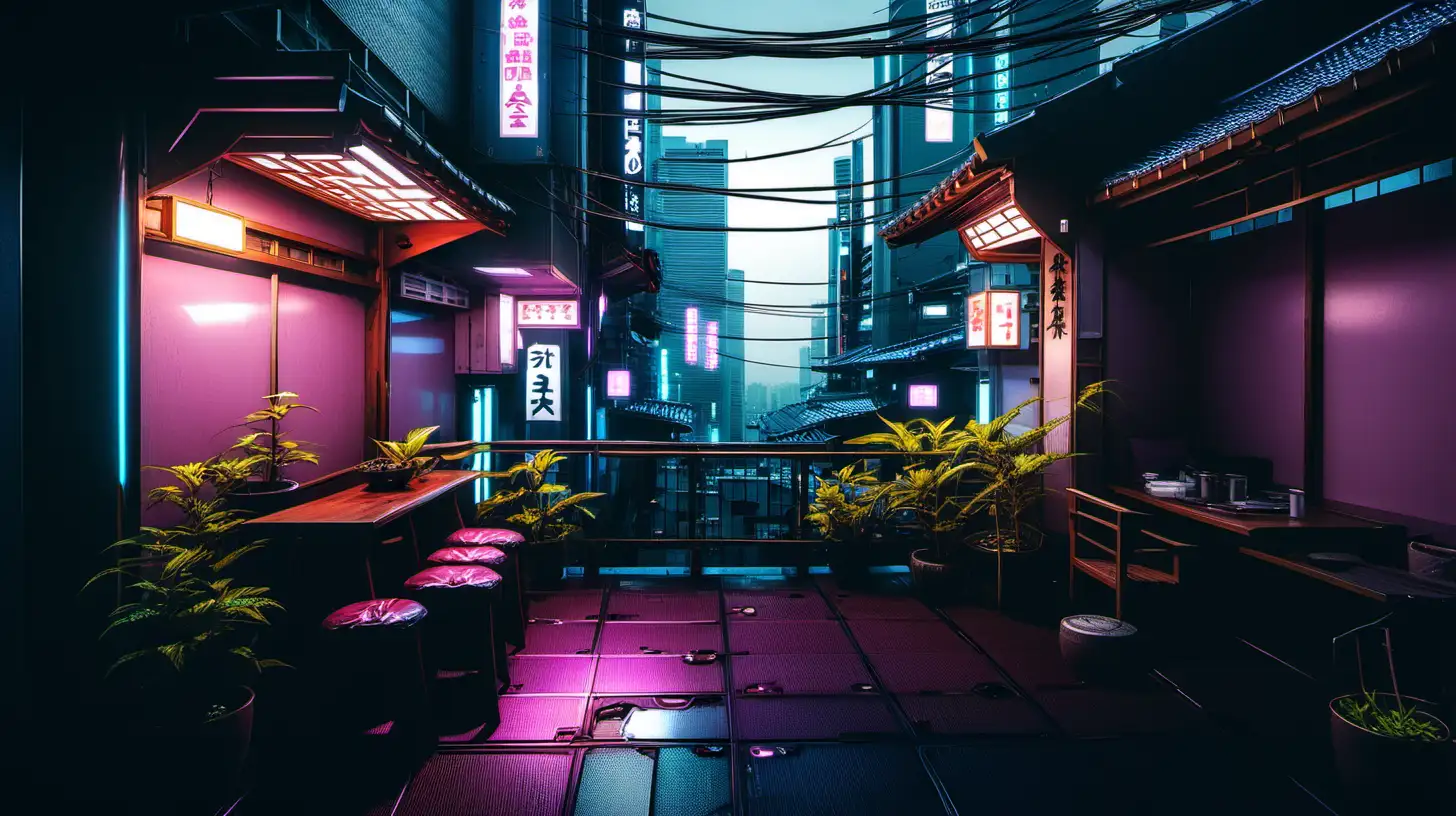 Futuristic Japanese Cyberpunk City Terrace at Night