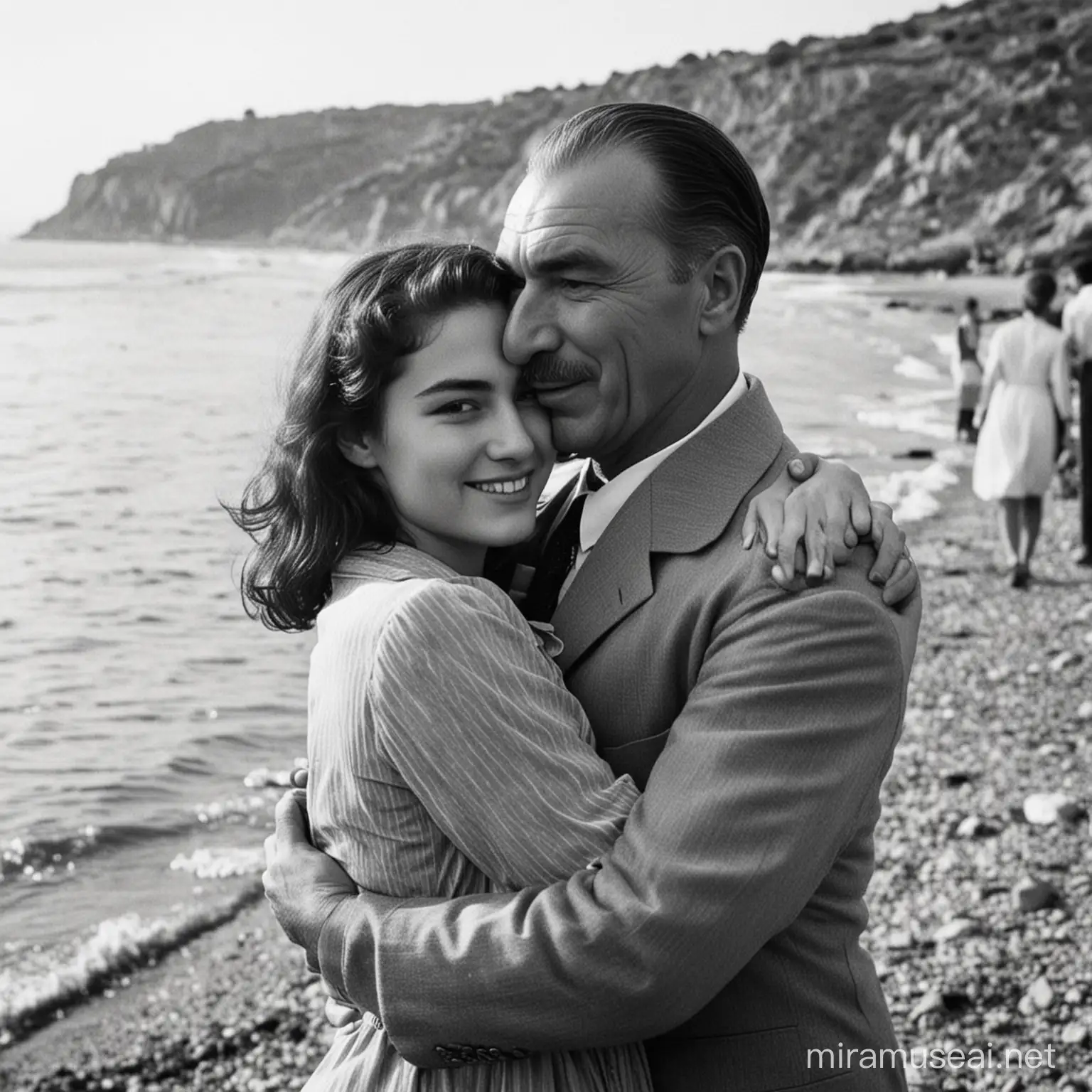 Mustafa Kemal Atatürk hugs a young woman with straight hair. They are in front of a sea. They are happy. 