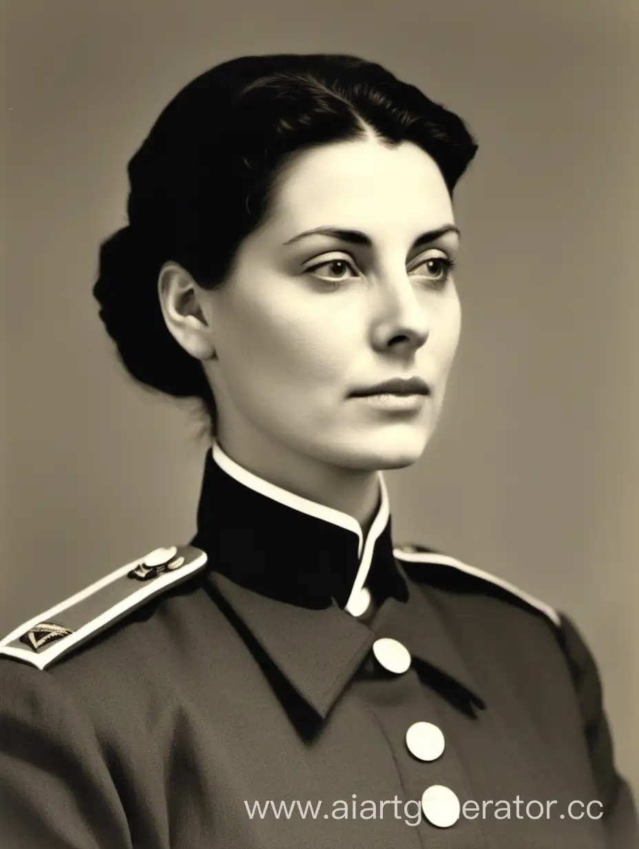 A woman with thin, sharp features. Her dark hair is pulled back in a loose bun. In uniform with shoulder straps.