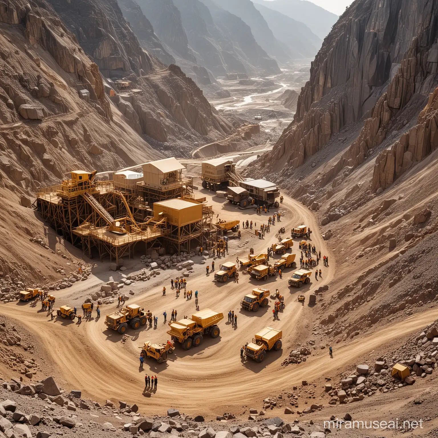 well constructed gold mine, with heavy duty mining equipments, and workers.