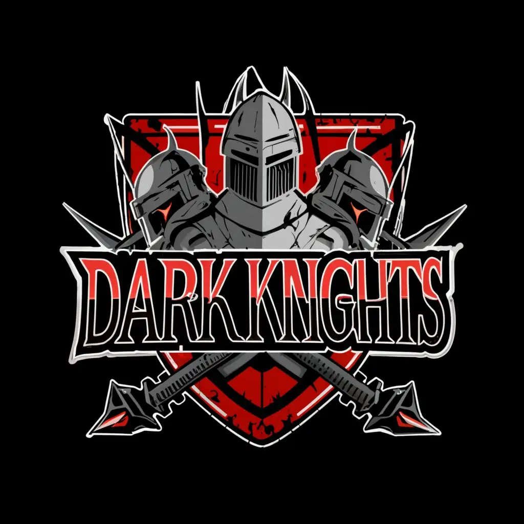 logo, black and red knights, with the text "dark knights", typography