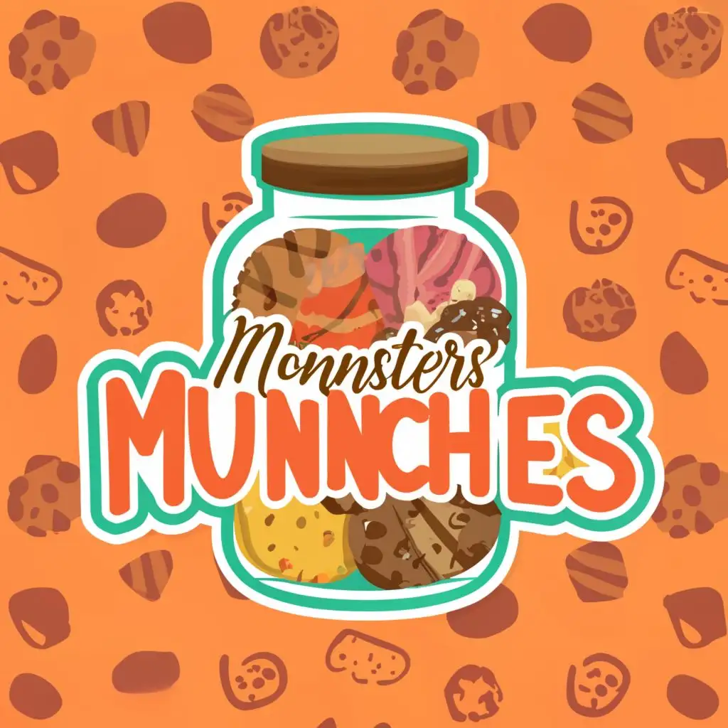 a logo design,with the text "Monnster's Munnchies", main symbol:Illustration: Position the large glass jar filled with cookies and candies in the center. Above the jar, place "Monnster's" in a fun, bold font. Below the jar, add "Munnchies" in a playful, handwritten style. Adding a whimsical border around the jar to enhance the design., Colors: Vibrant orange, green, and brown for the jar contents, with lighter shades for the text.,Moderate,clear background