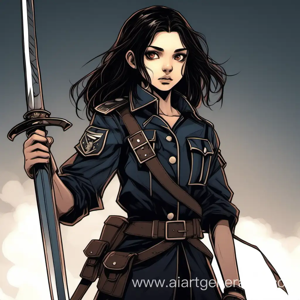 Девушка 14 лет со светлой кожей и большими карими глазами, с чёрными средними волосами стрижка маллет, в военной форме и с мечом в руке, стиль dark fantasy