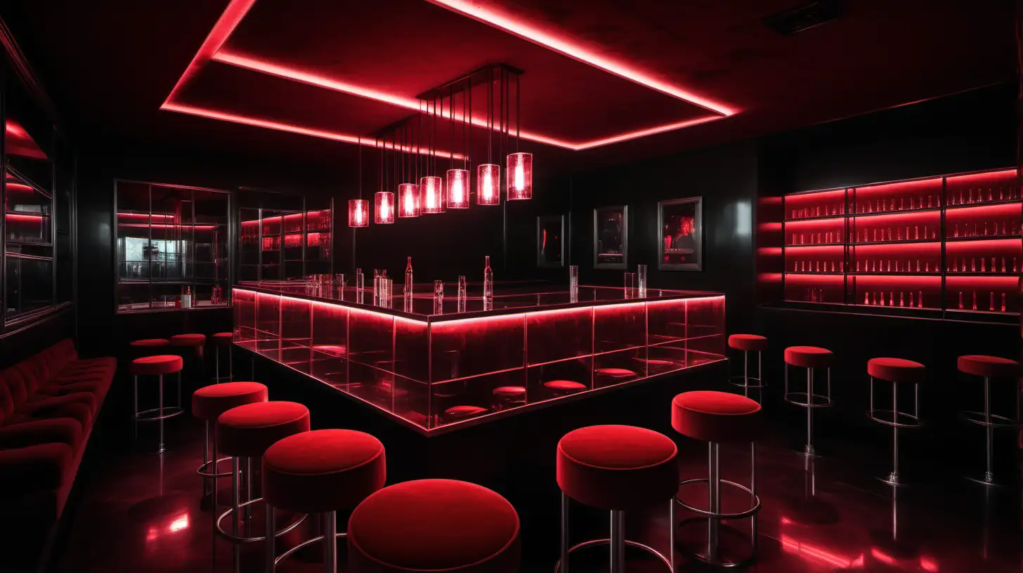 a night club, multiple glass tables with steel base, steel stools with red velvet, red ambient lighting, black interior, dark atmosphere, open space, realistic