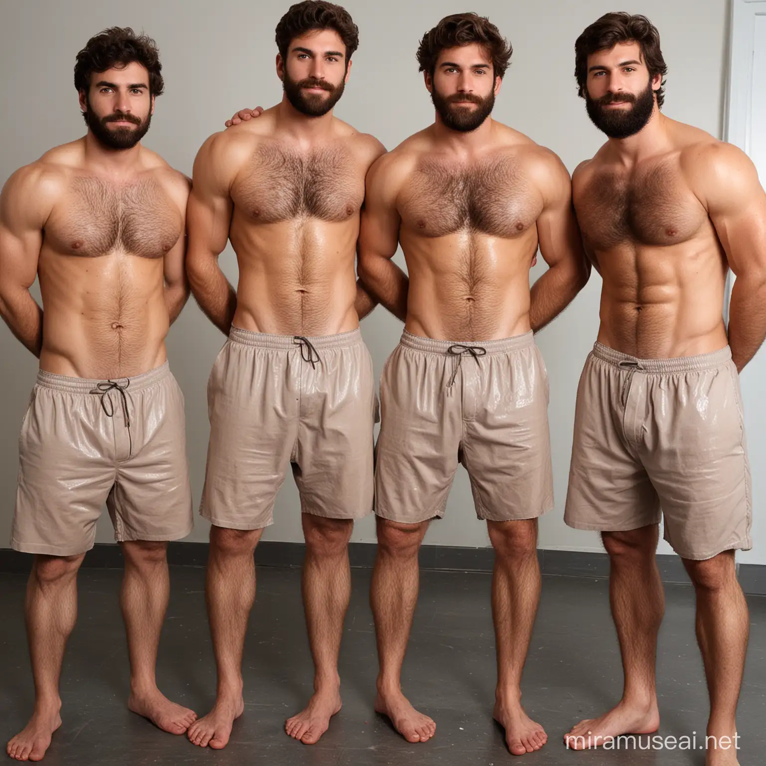 full frontal, full body shot, a group of beefy superhairy muscled handsome tall young surgeons, wearing low rise shabby dirty transparent extremely short bottom scrubs, huge strong musculature, wavy short dark auburn hair, short thick beards, lots of body hair, bare buttocks, bare feet, extra hairy chests, extra hairy forearms, extra hairy legs, extra hairy groins, extra hairy asscracks, extra hairy buttocks, muscled buttocks, filthy hospital, blood-splattered skins