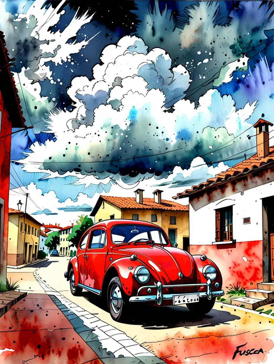 Vintage Red Fusca Car in Quaint Townscape under a Stunning Silverlined Sky Comic Style Aquarelle Masterpiece