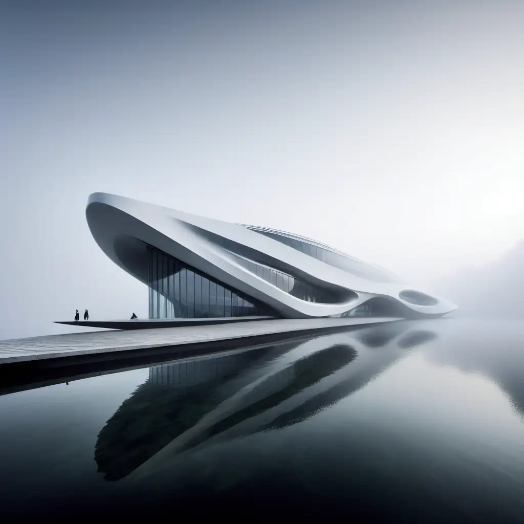 Zaha Hadid Inspired SingleStory Buildings with Boat Entrance in Foggy Rectangular Island