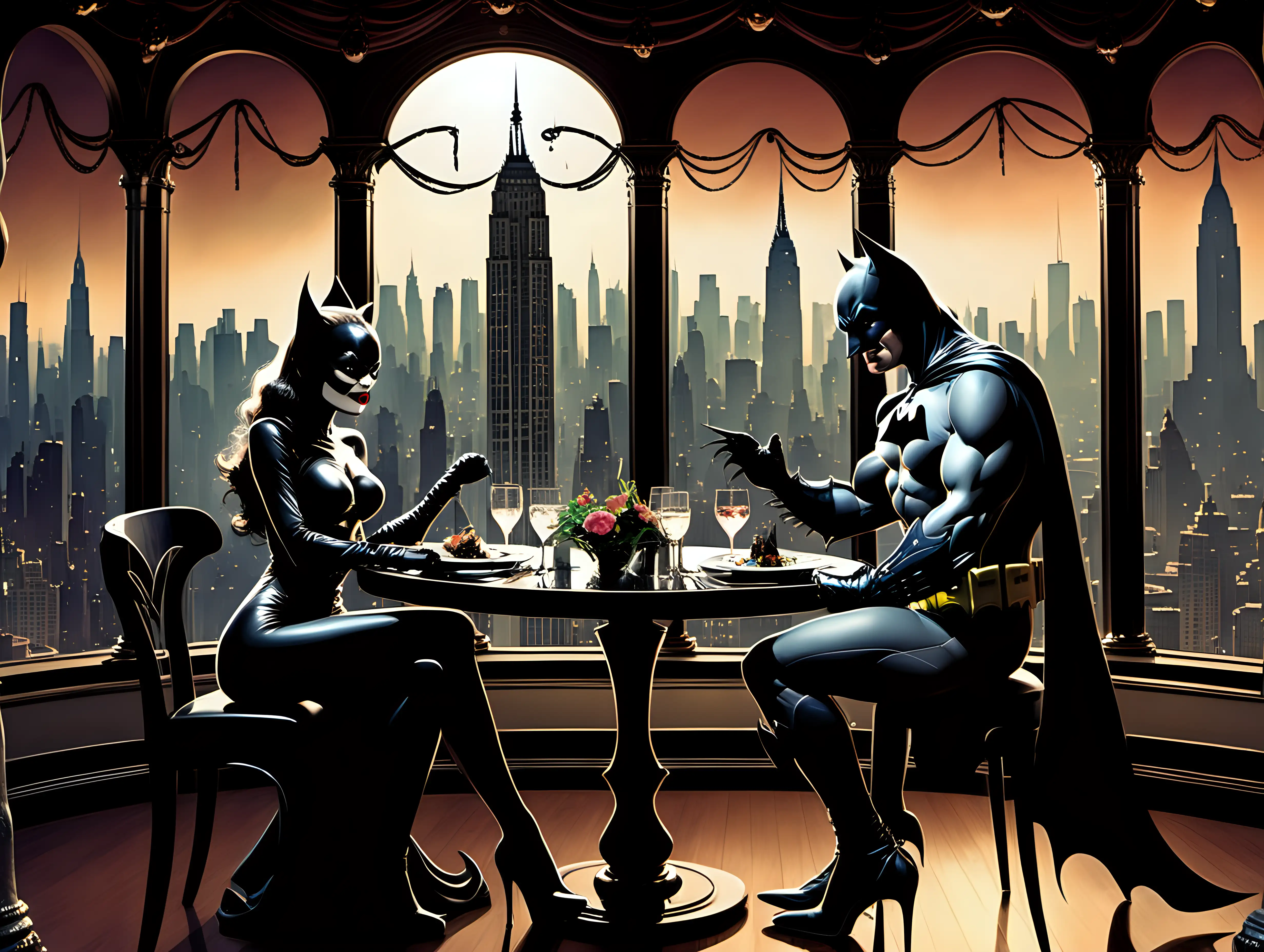 wide view Cat woman and Batman  on a date in a fancy restaurant overlooking NYC  Frank Frazetta style