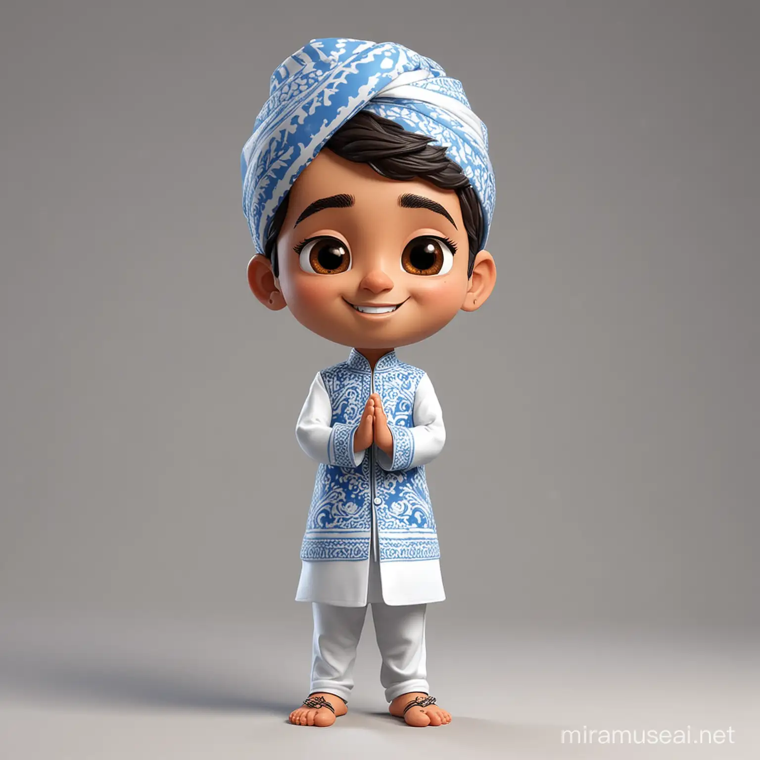 create a caricature of a teenage boy standing with Folding Hands(Namaste) doing greetings in blue and white kurta payjama