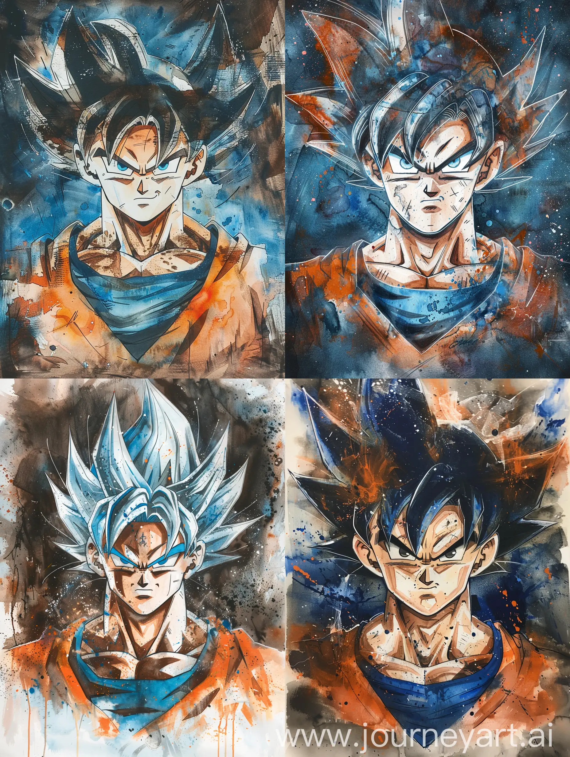 A captivating work of conceptual art featuring a striking watercolor and ink portrait of the iconic Dragon Ball superhero, Goku. His strong and agile form is rendered beautifully, with a rich Orange and blue color palette dominating the artwork, while the dark and mystical backdrop of the dimensional world accentuates his piercing gaze and sculpted features. His eyes, rendered in glossy whites and blues, radiate real intensity and determination. This extraordinary work of conceptual art, painting, and illustration masterfully captures the essence of Goku, evoking feelings of strength, alertness, and heroism., painting, conceptual art, illustration