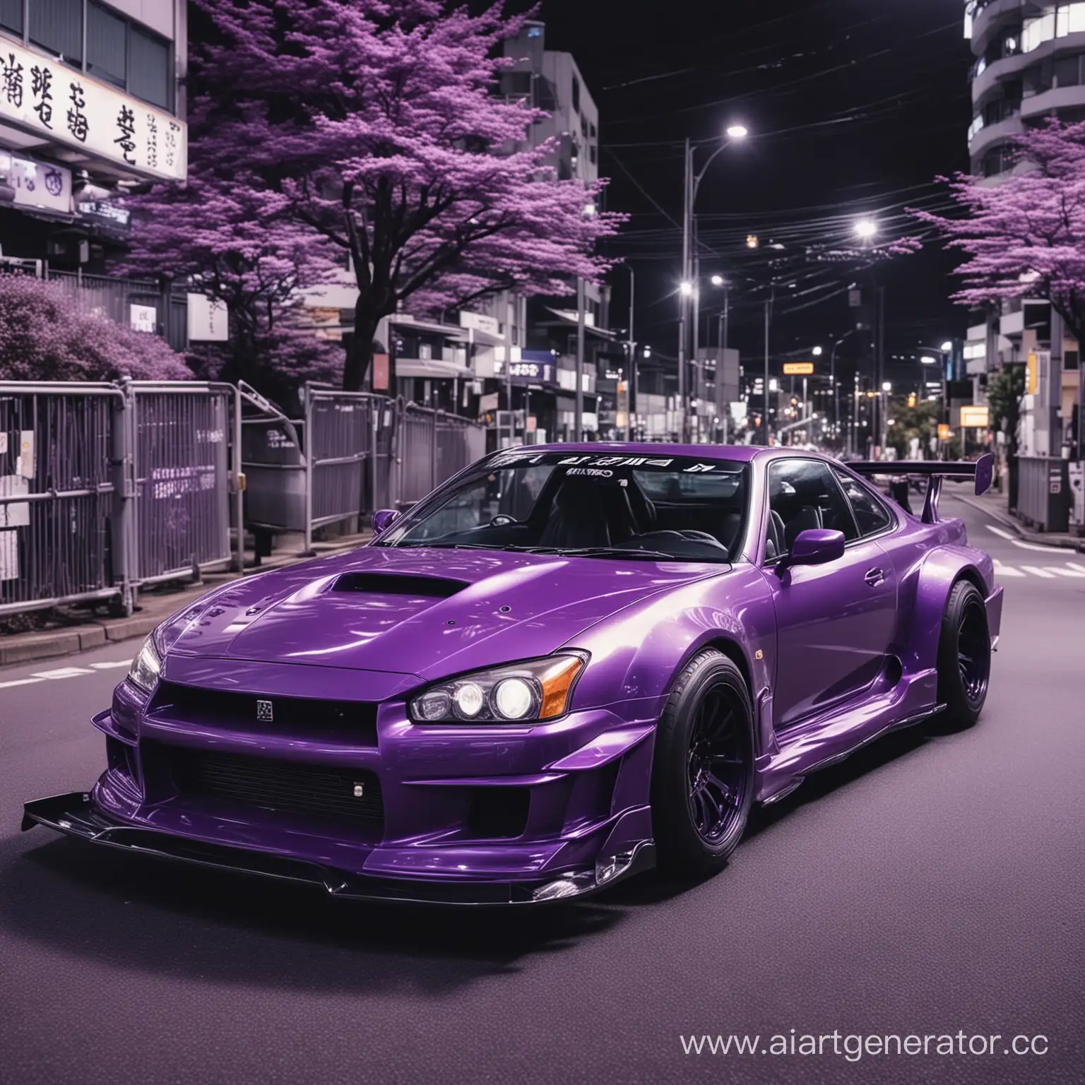 Дрифт-кар в заносе подчеркиваемый фиолетовыми тонами в ночном японском городе