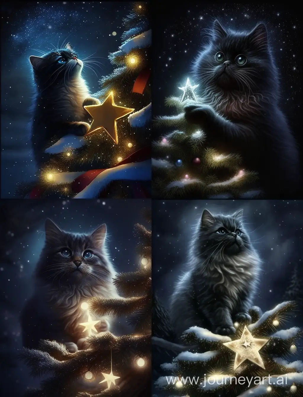 the cat on the Christmas tree moves his paw to the star on the Christmas tree at night
