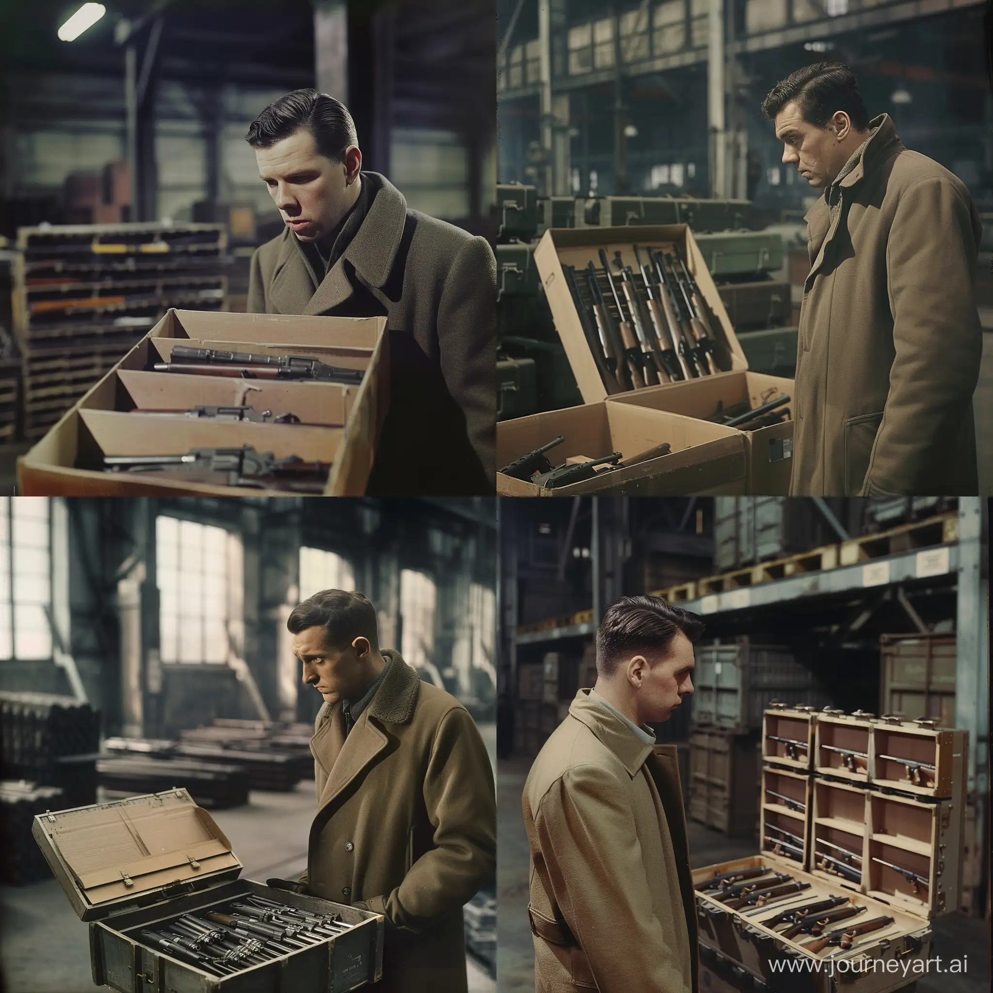 A man in a spring coat in a cargo warehouse building looks at an open box with a contraband arsenal of weapons.1935, photo in color. The face is perplexed
