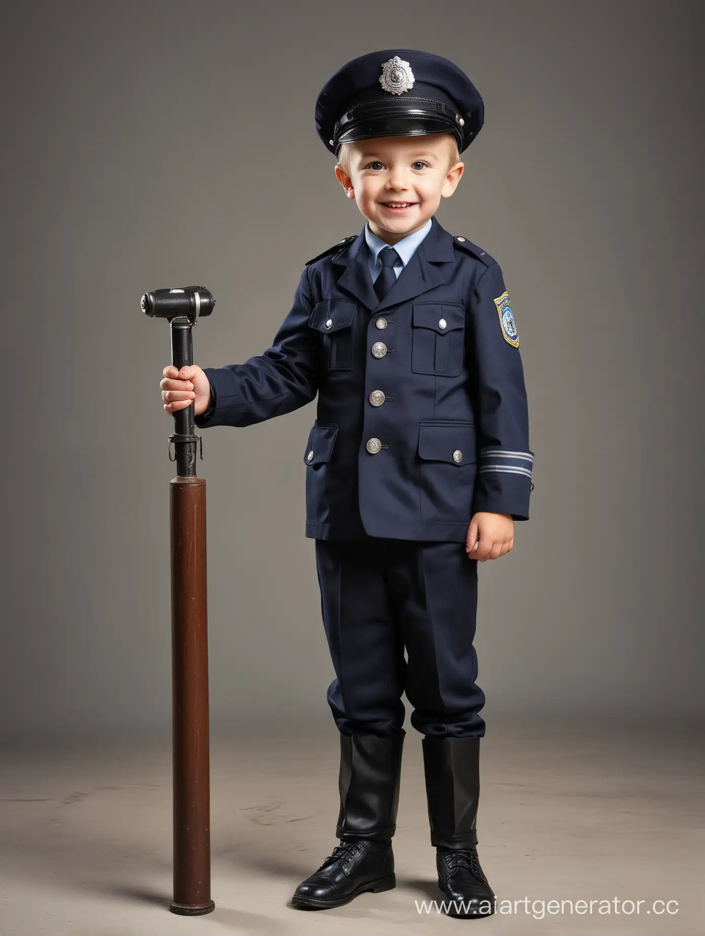happy cute little boy waist-high dressed as a policeman in one hand there is a police baton in the other hand there is a typewriter