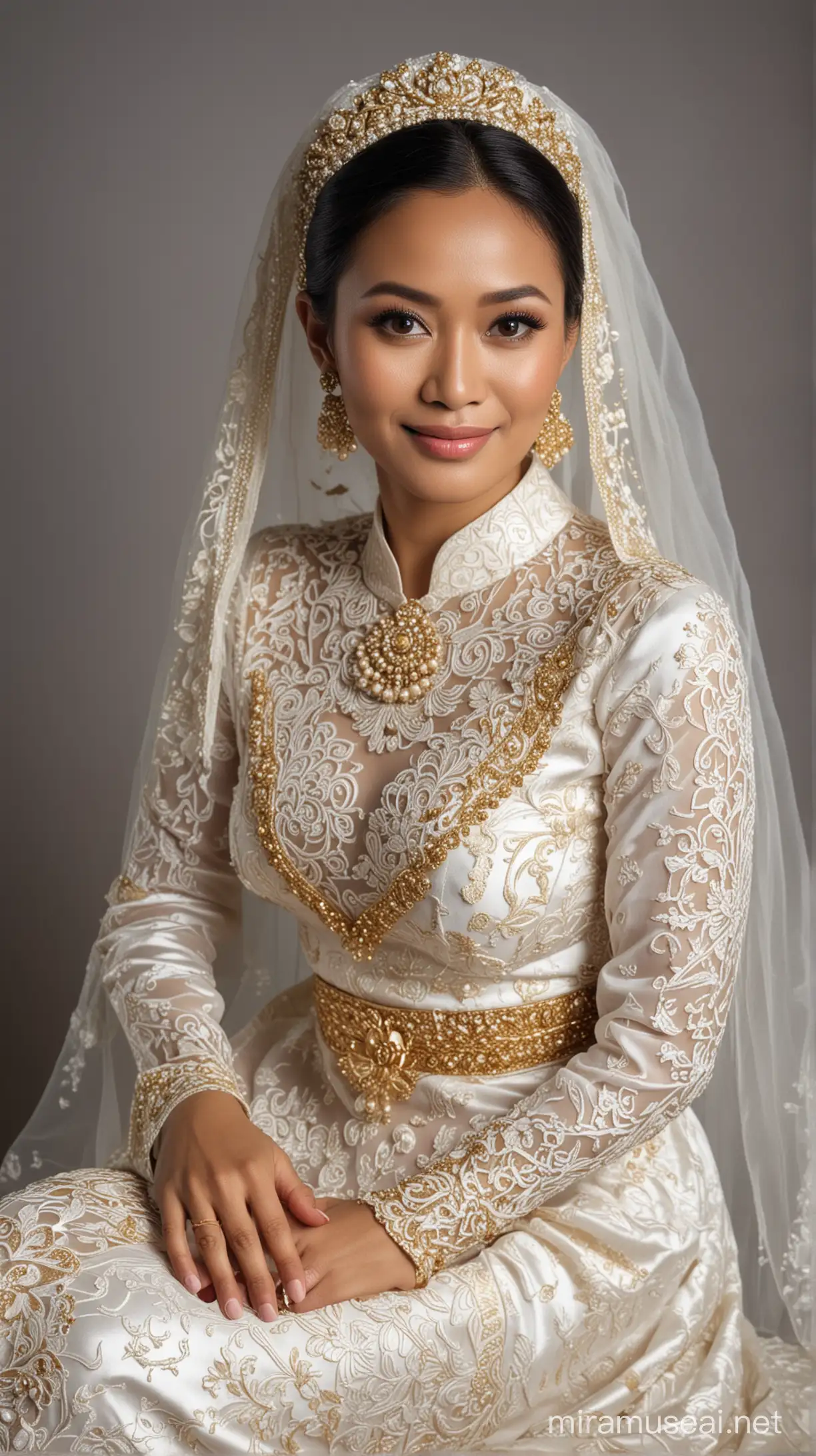 Wanita indonesia cantik, memakai baju pengantin melayu, 41 tahun, anggun duduk