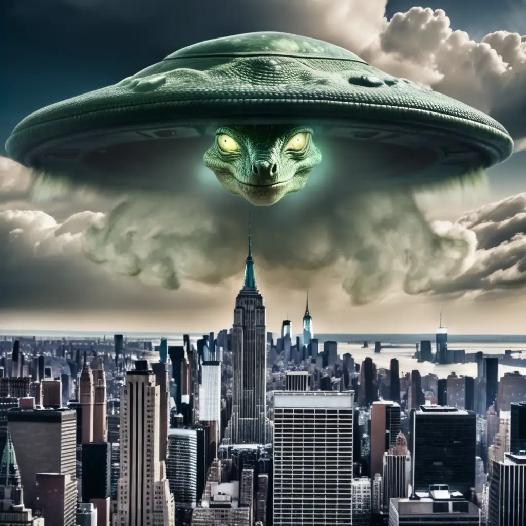 reptilian alien hidden in a cloud UFO above New York City, dark colors
