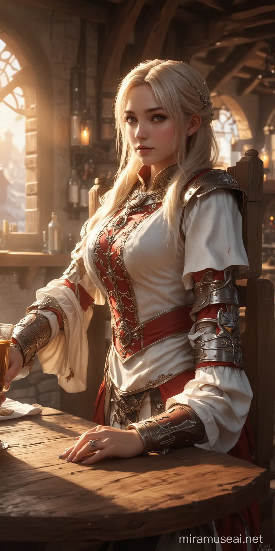 Elegant Sun Templar Idol Girl in Fantasy Tavern Setting