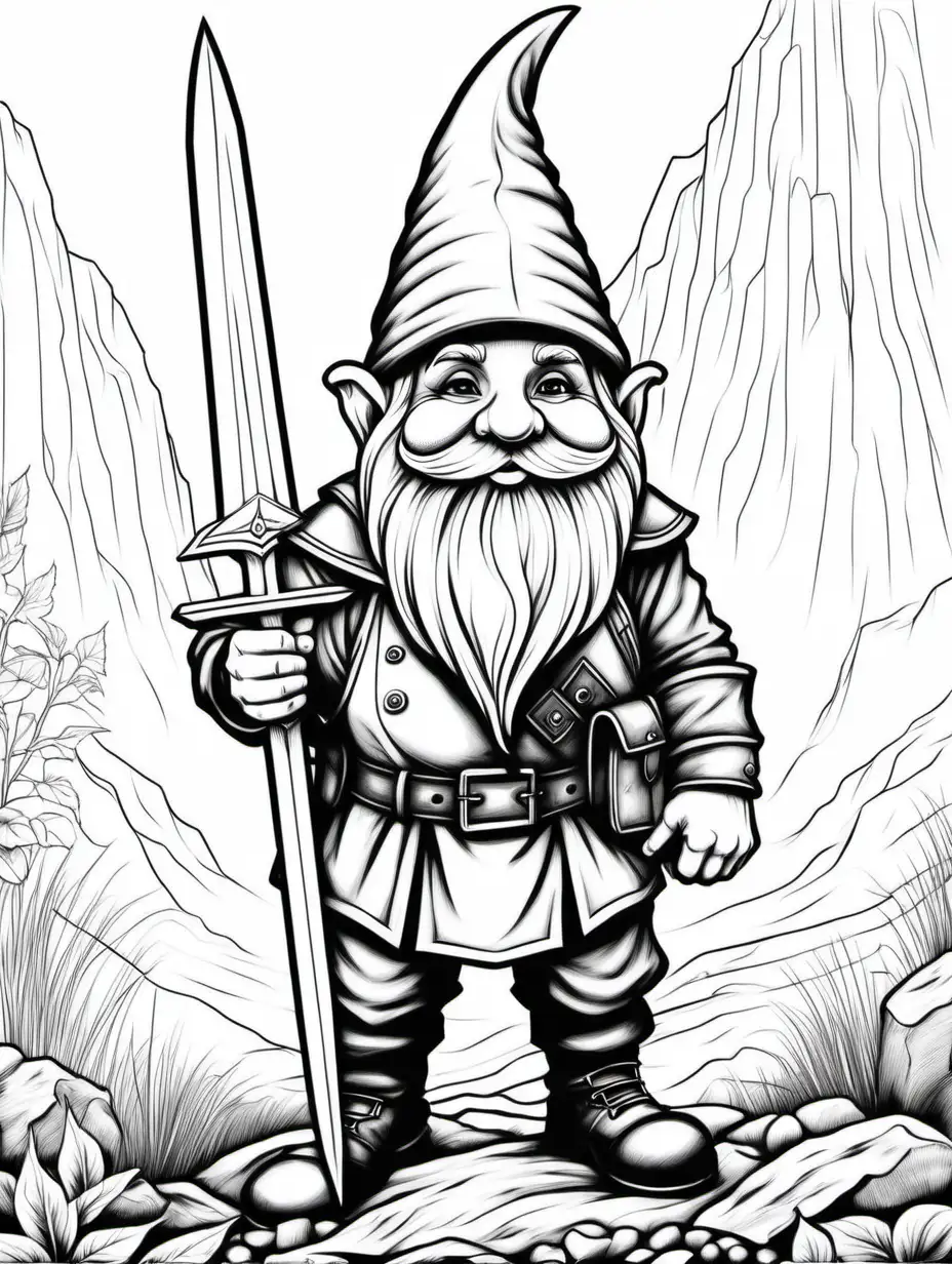 Army Gnome Coloring Page with Claymore Sword for Adults