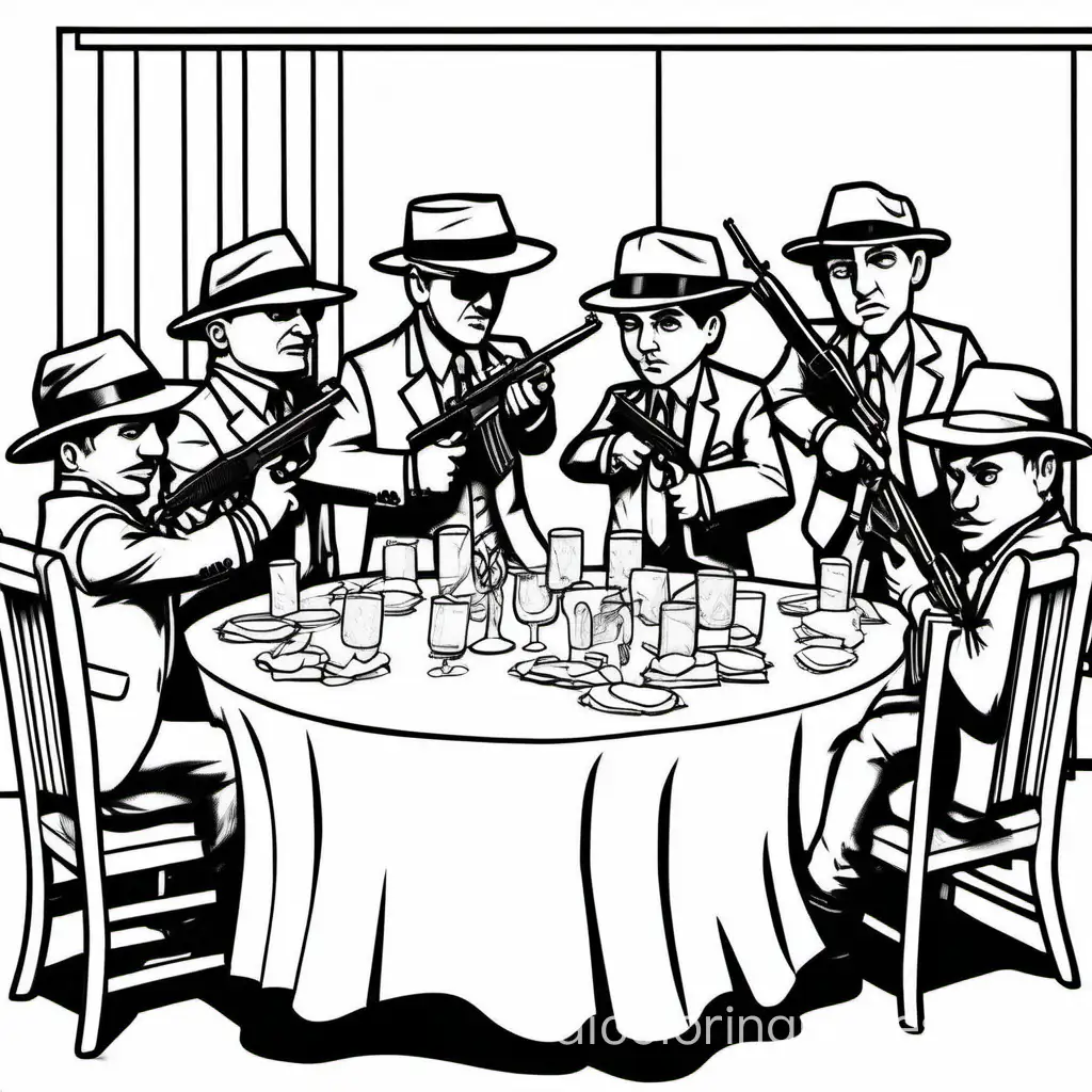 mafia at wedding with tables turned over and guns blazing., Coloring Page, black and white, line art, white background, Simplicity, Ample White Space. The background of the coloring page is plain white to make it easy for young children to color within the lines. The outlines of all the subjects are easy to distinguish, making it simple for kids to color without too much difficulty