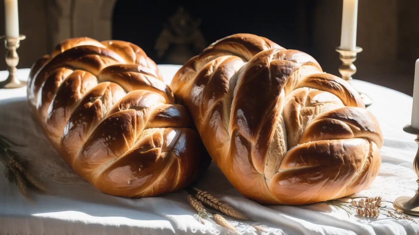 époque biblique, deux très beaux grands pains tressés dorés, posés sur une table recouverte d'une belle nappe blanche