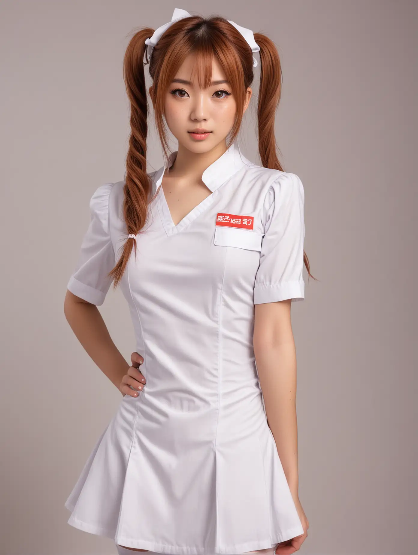 Fullbody Japanese girl with caramel-colored medium length hair, freckles and huge amber eyes. Posing with sexy nurse costume with pigtails.