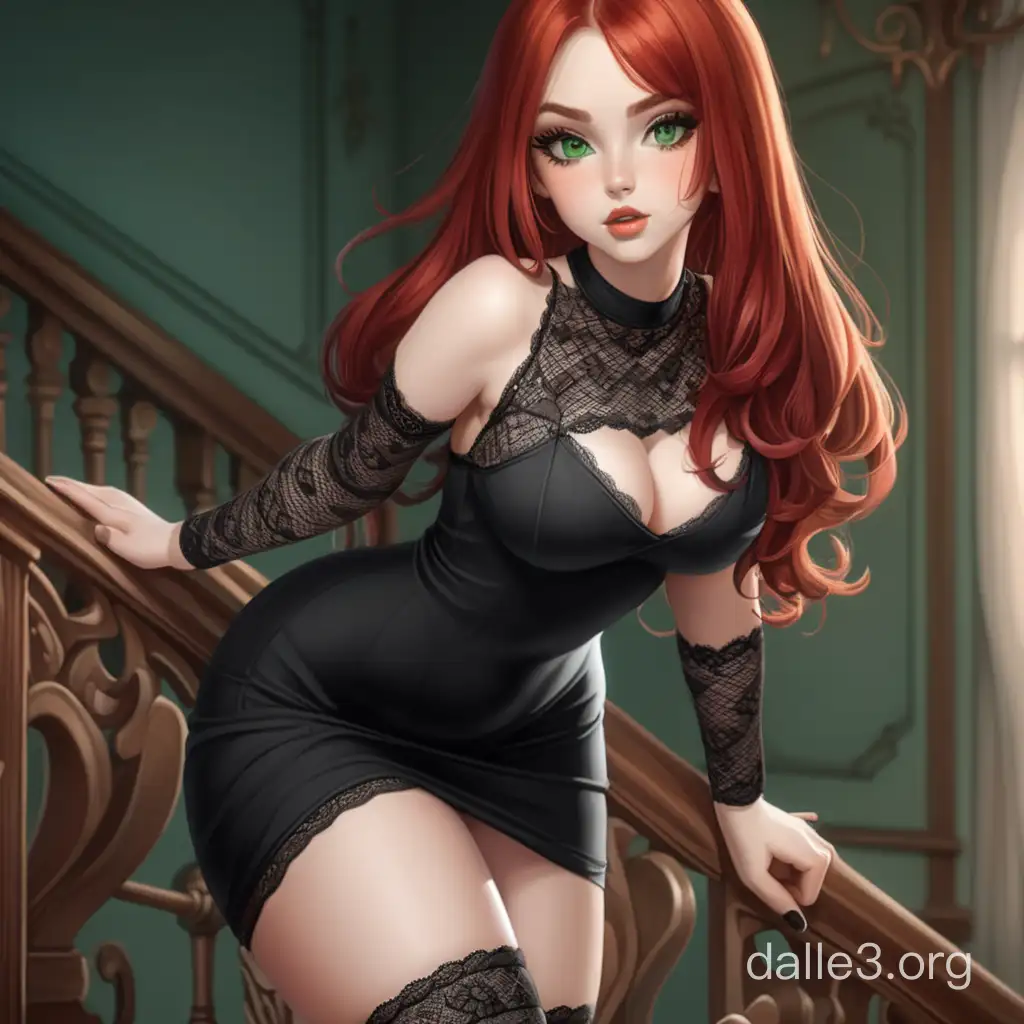 red-haired long-haired girl, plump lips, big green eyes, in a tight short black dress, in black lace stockings, long full legs, slim waist, wide hips, big chest, standing
