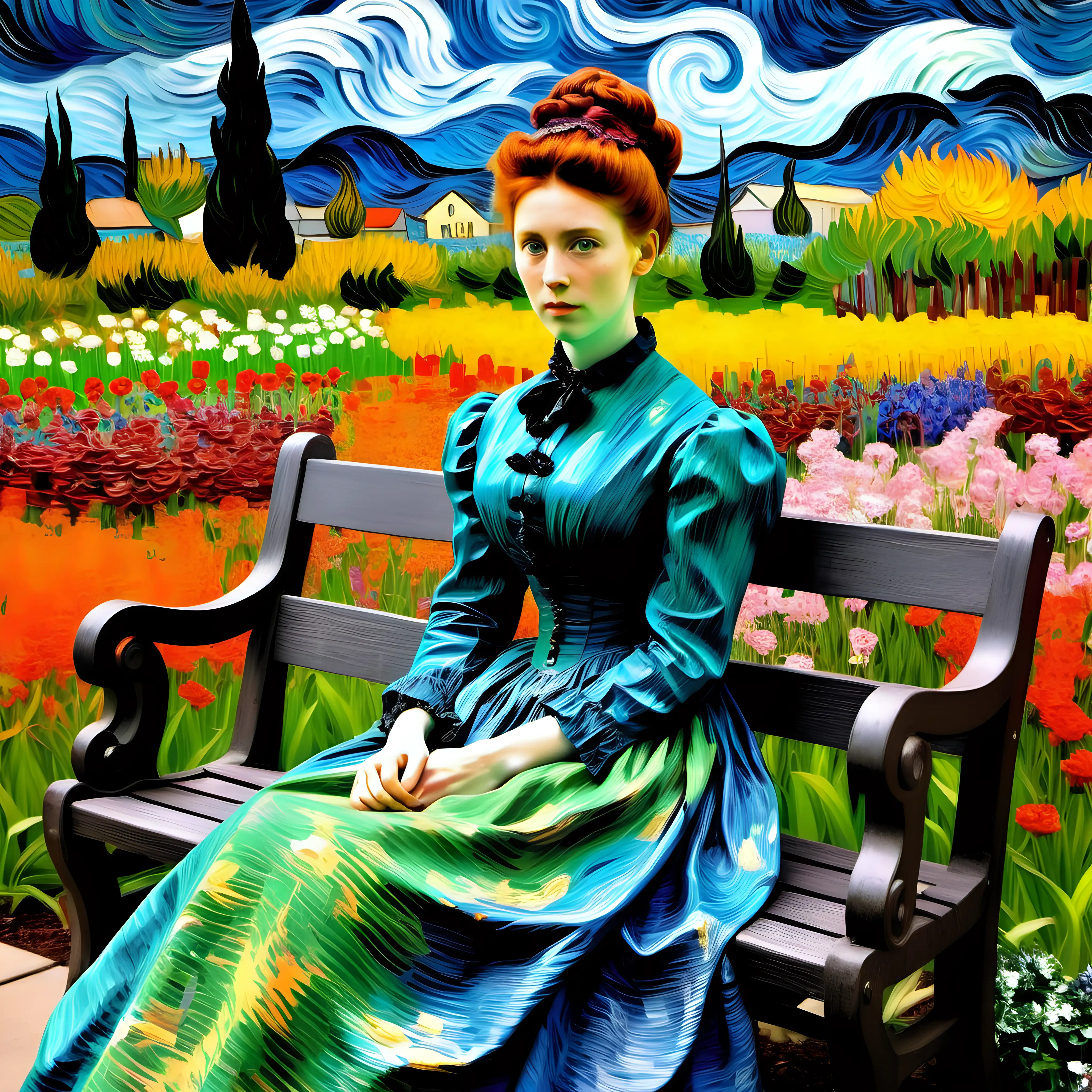 Auburn Haired Woman in 1880s Dress Amid Van Gogh Style Flower Garden