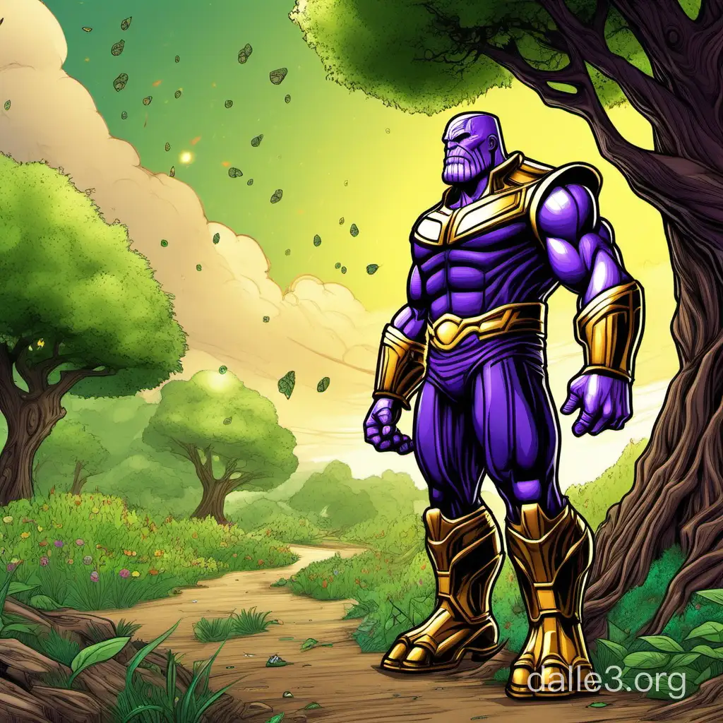 Create a nature loving Thanos that wants to take car of nature and peacefully tries to circumvent global warming 