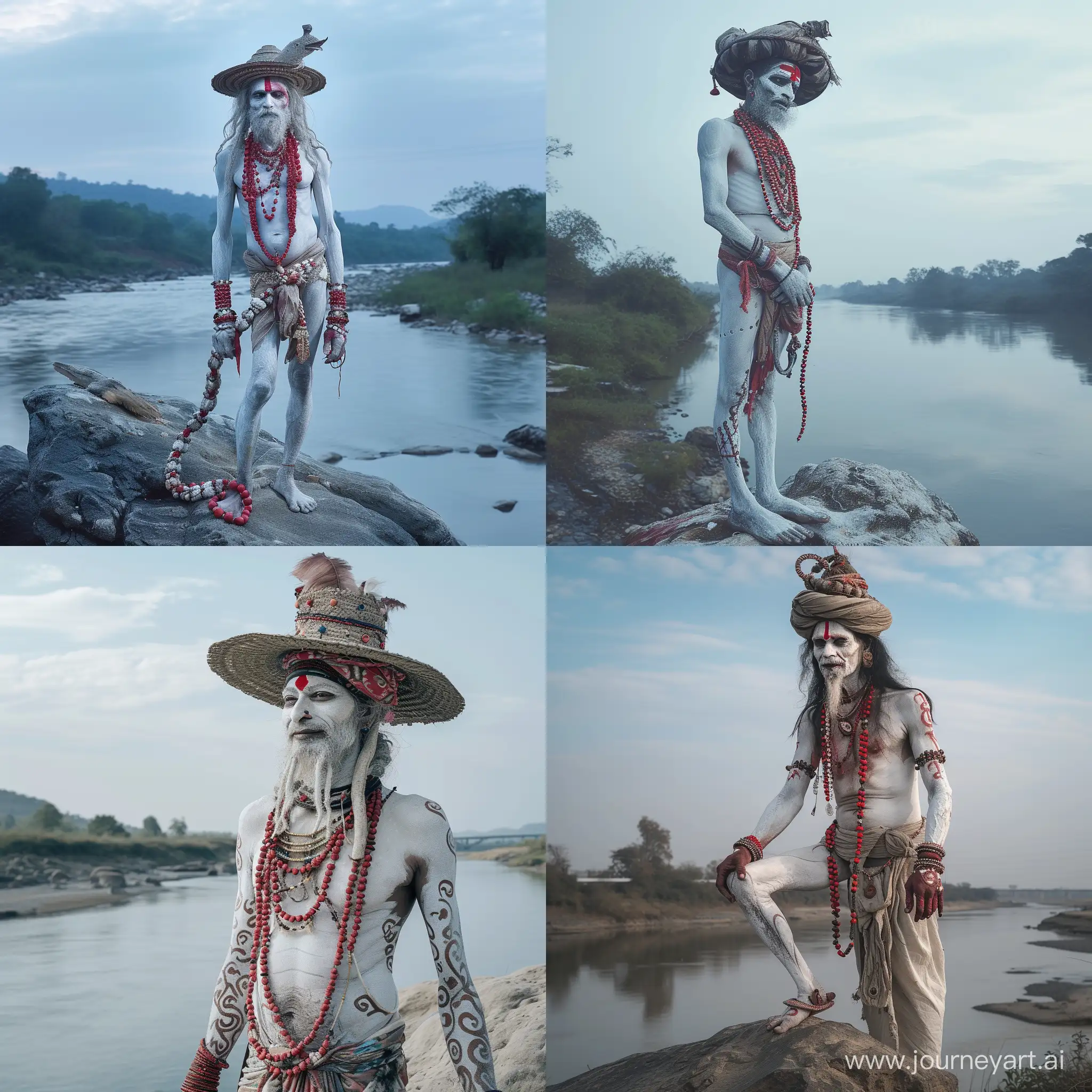 naga sadhu  white painted skin whit red beads and a old hat with beads  totaal body standing on a rock by river low contrast soft light  bleu sky  50mm fujixt4  low angle