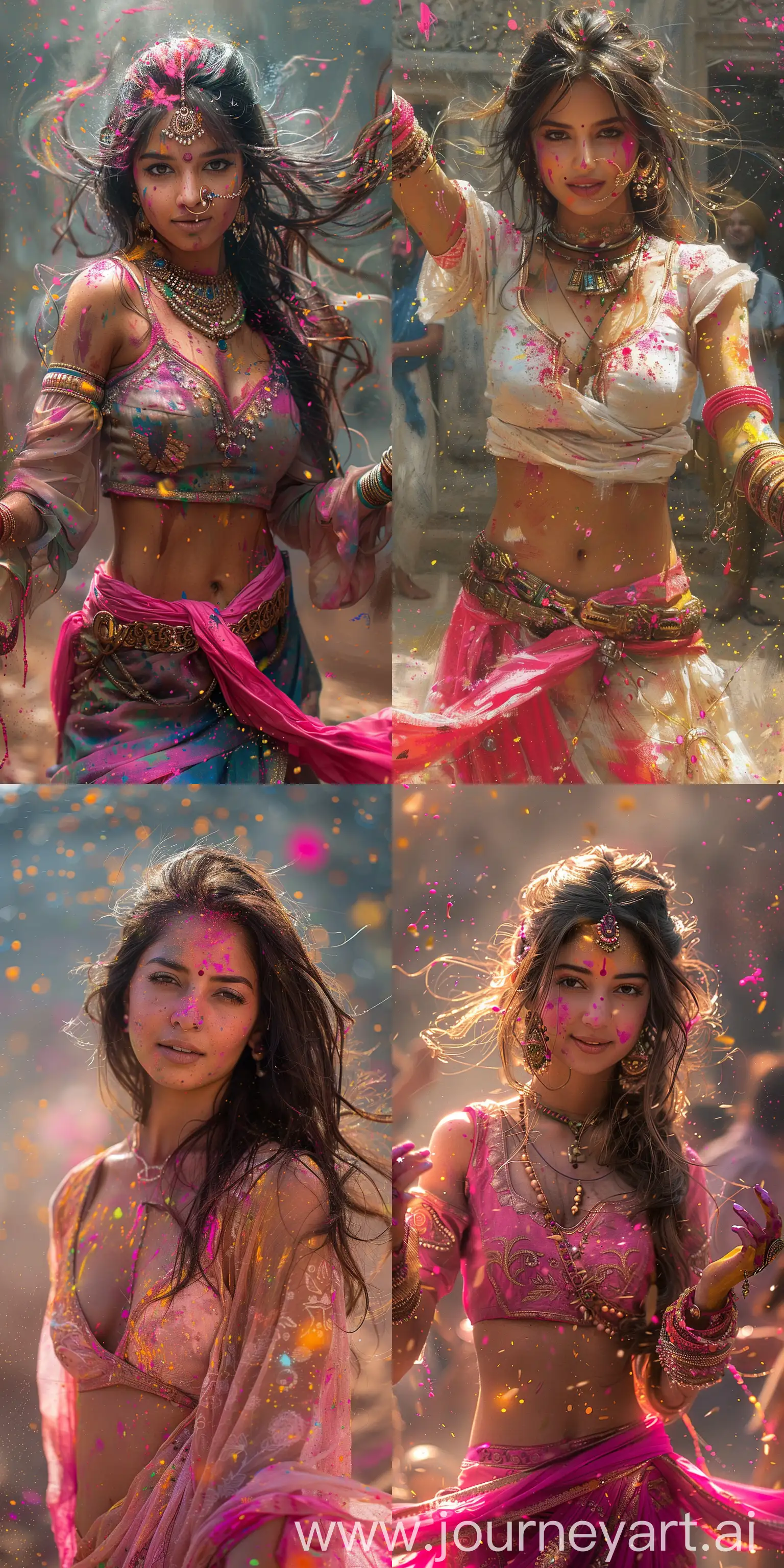 holi images with name Monika a beautiful Punjabi woman dancing around in colored paints, in the style of light gray and light bronze, spiritual meditations, dark gold and pink, bold and vibrant primary colors, expressive facial features, hurufiyya --ar 1:2 --stylize 750 --v 6
