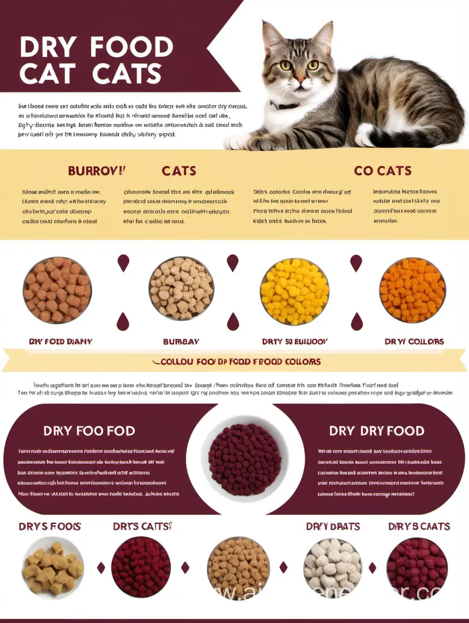 инфографика про сухой корм для кошек .  используй цвета бордовый, белый, желтый