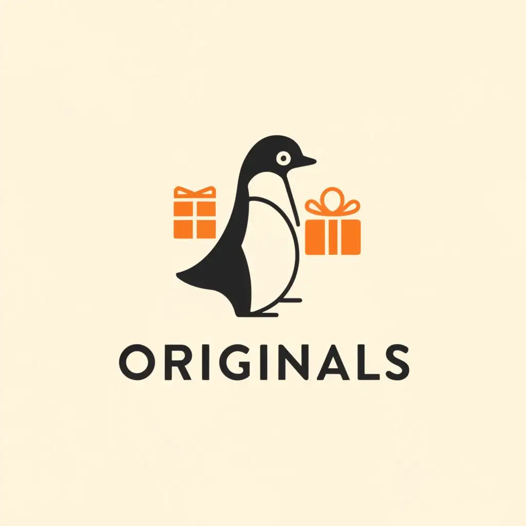 a logo design,with the text "Originals", main symbol:The word Originals with a penguin holding a gift,Minimalistic,be used in Retail industry,clear background