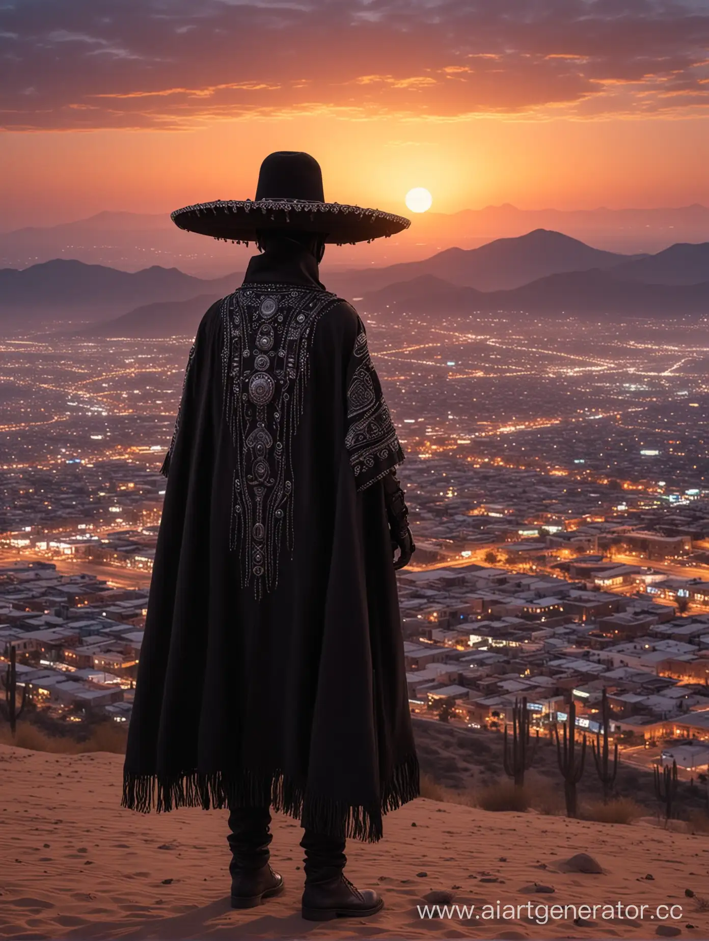 Cyborg-in-Black-Sombrero-Watching-Sunset-Over-Desert-Cityscape