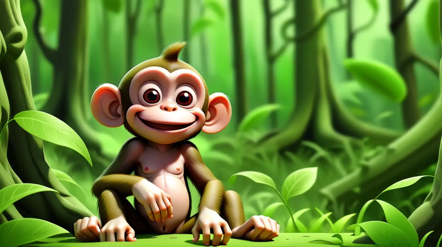 a happy monkey sitting in the green forest alone