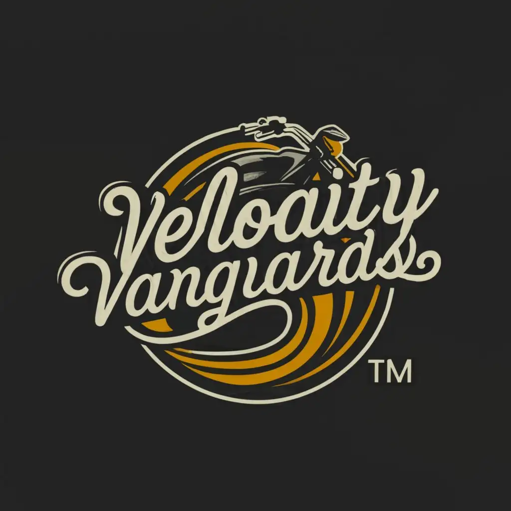 a logo design,with the text "Velocity Vanguards", main symbol:motorcycle with connecting road and soul,Moderate,clear background