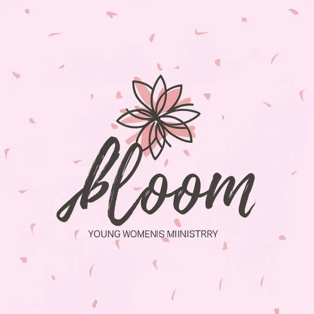 logo, main symbol is flowers blooming. Used for 'Young Women's Ministry'. baby purple colour is used. Font is adorable but very elegant., with the text "BLOOM", typography. more pink and flowers