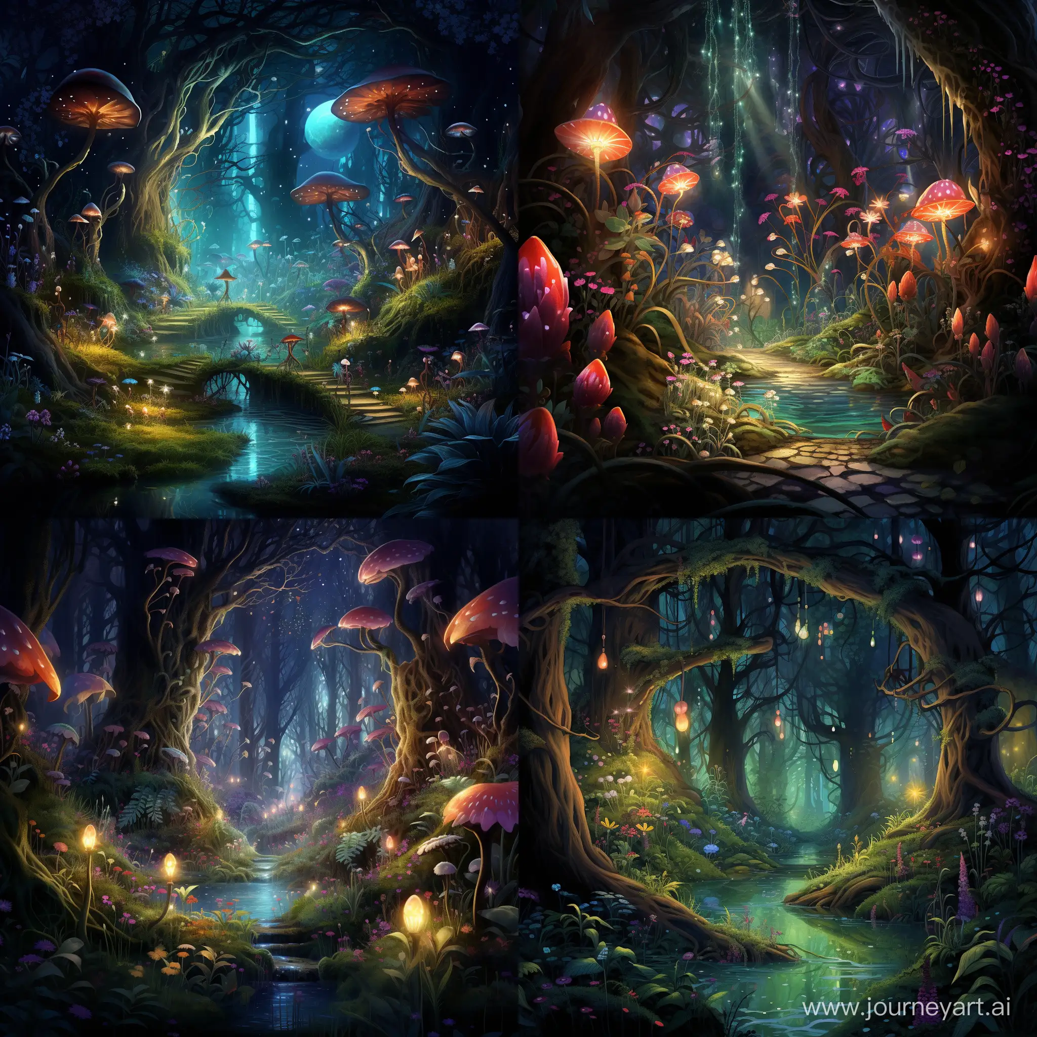 A magical forest with luminescent plants and creatures