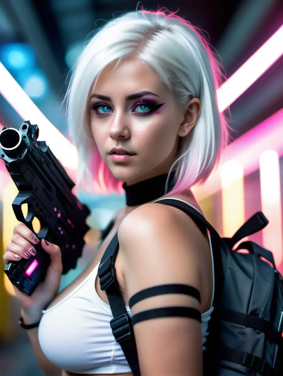 Beautiful Nordic woman, very attractive face, detailed eyes, big breasts, dark eye shadow, white hair with pink tips, white tube top, Jean shorts, choker necklace, wearing a black backpack, super close up photo, holding a futuristic laser pistol, bokeh background, soft light on face, rim lighting, facing away from camera, looking back over her shoulder, standing in front of a futuristic city, photorealistic, very high detail, extra wide photo, full body photo, aerial photo