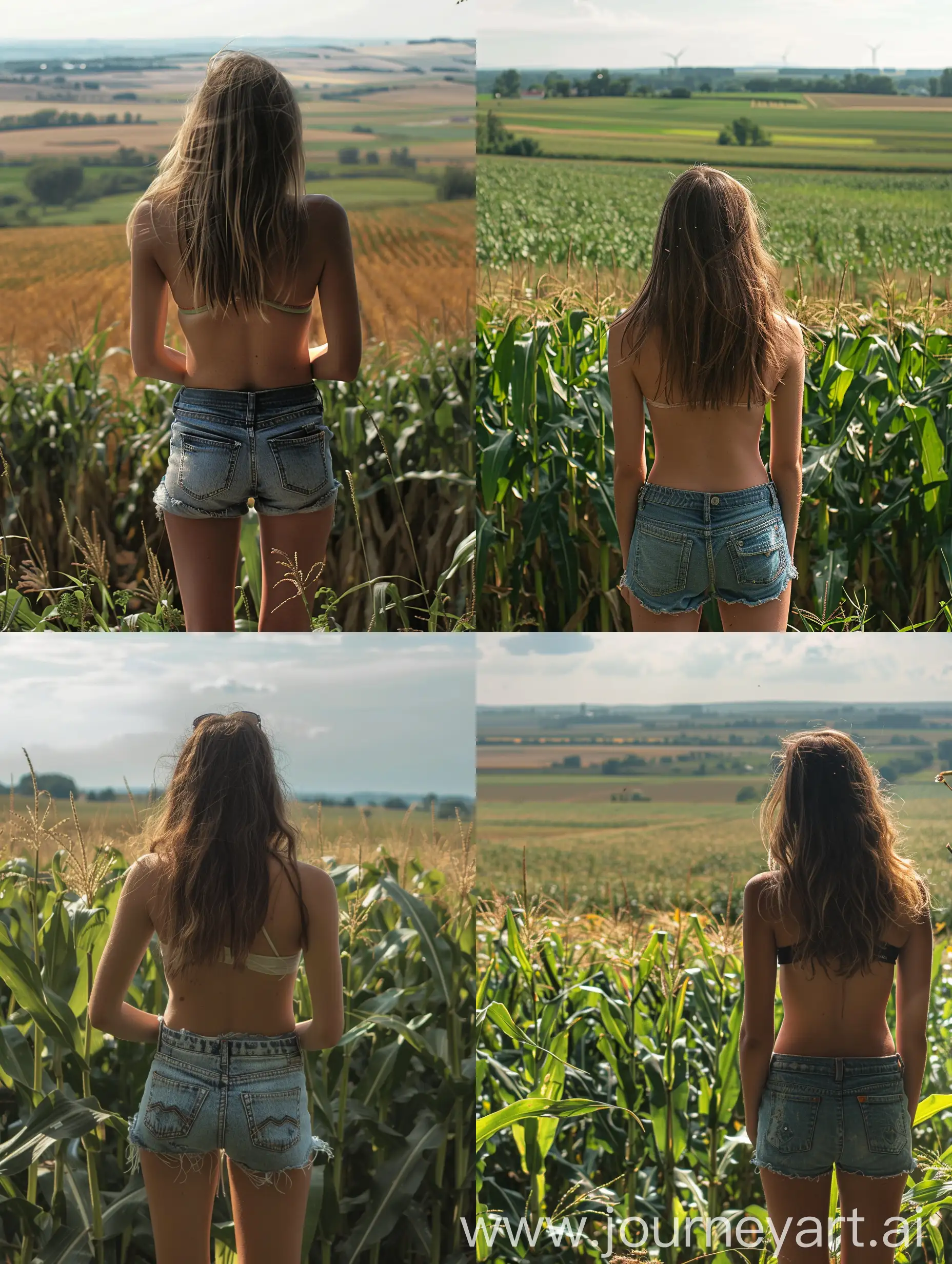 A girl, 22 years old, wearing jeans shorts, looking at wast cornfield, photo from behind